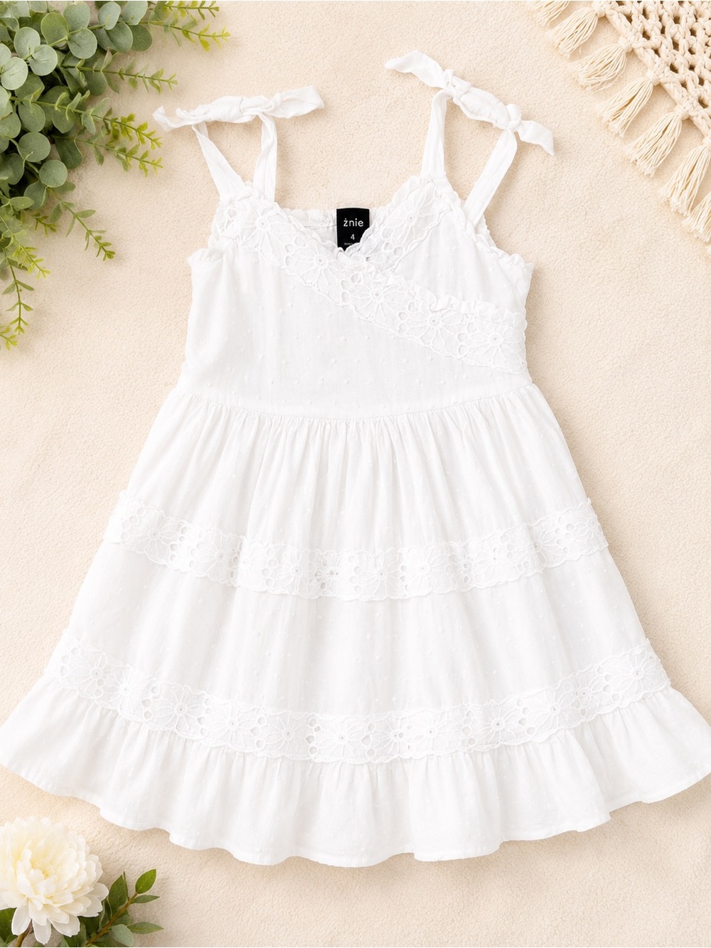 Zunie Girls White Eyelet Tiered Sundress Tie Strap Dress Size 4